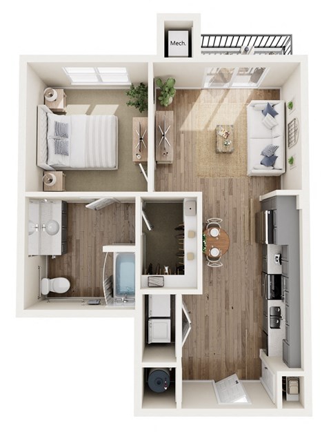a stylized floor plan with a bedroom and a bathroom